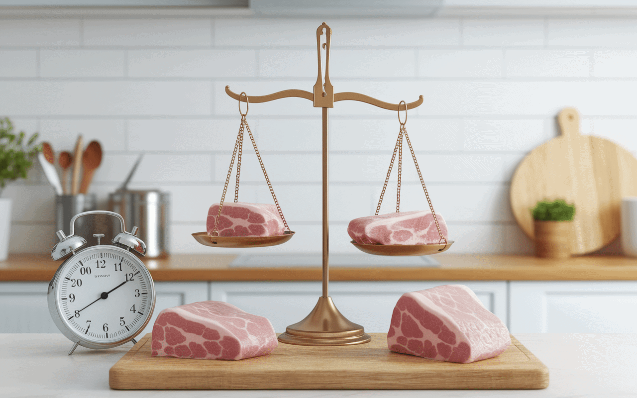 Balance, morceaux de porc, thermomètre cuisson