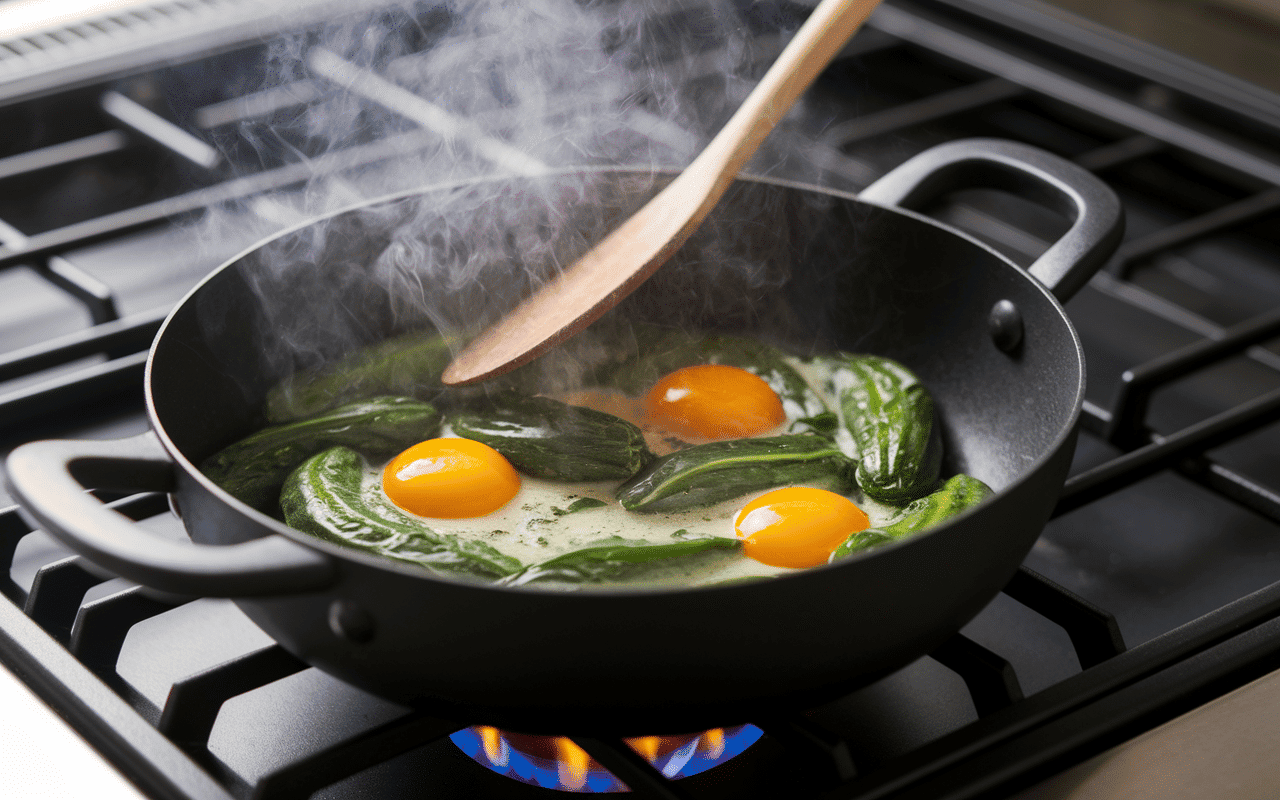 cuisson courgettes et œufs brouillés à la poêle