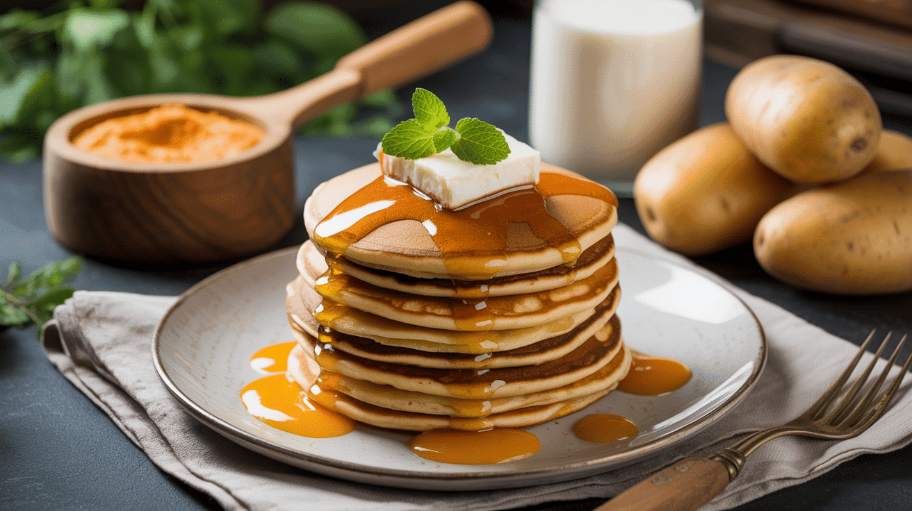 Stack pancakes farine patate douce et ingrédients
