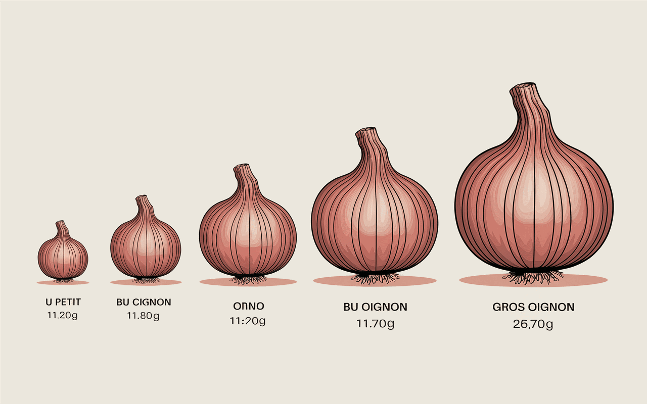 Poids oignon petit à gros en grammes