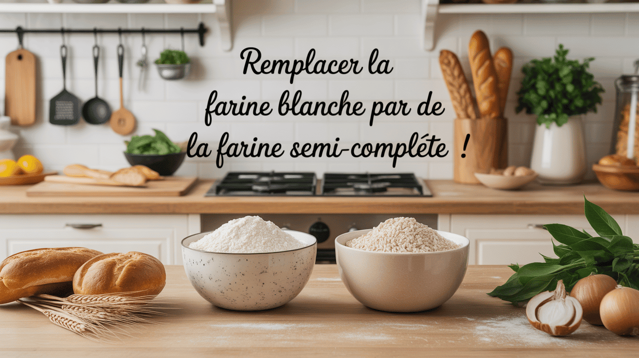 Remplacer farine blanche par farine semi complète bol farine blanche et farine semi complète