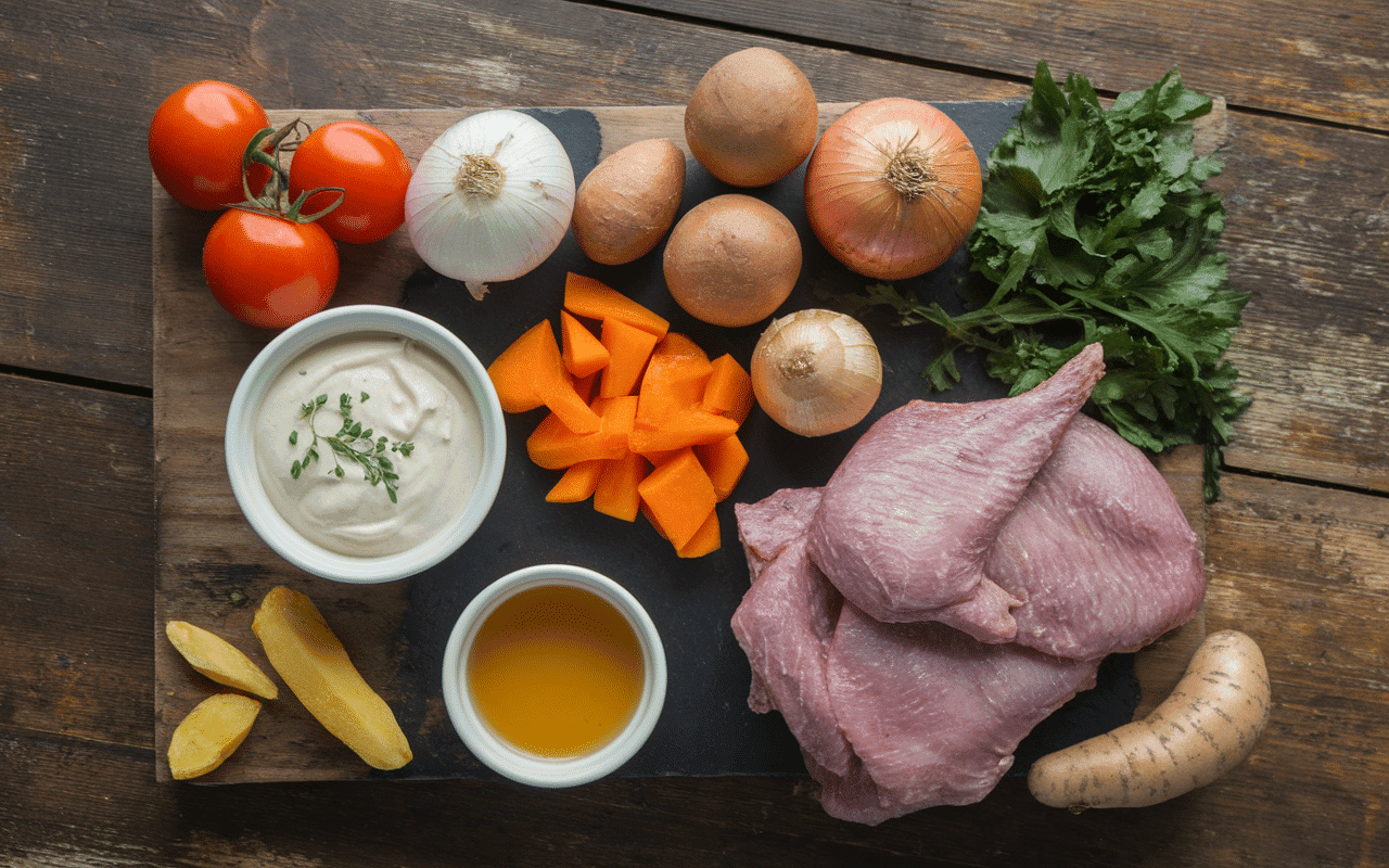 ingrédients mafé poulet frais sur table