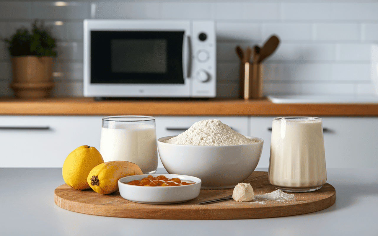 ingredients pour mug cake sans oeuf sur plan de travail