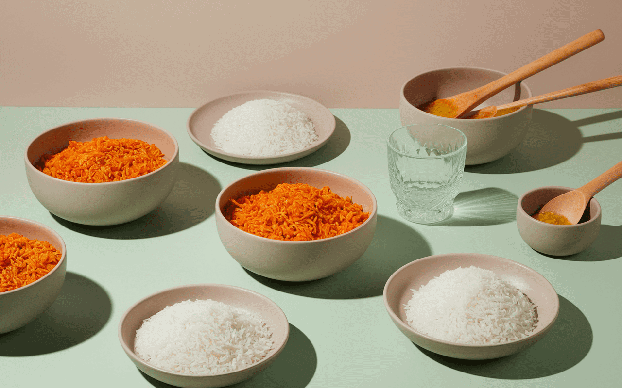 Portion de riz sec par personne divers bols et cuillères
