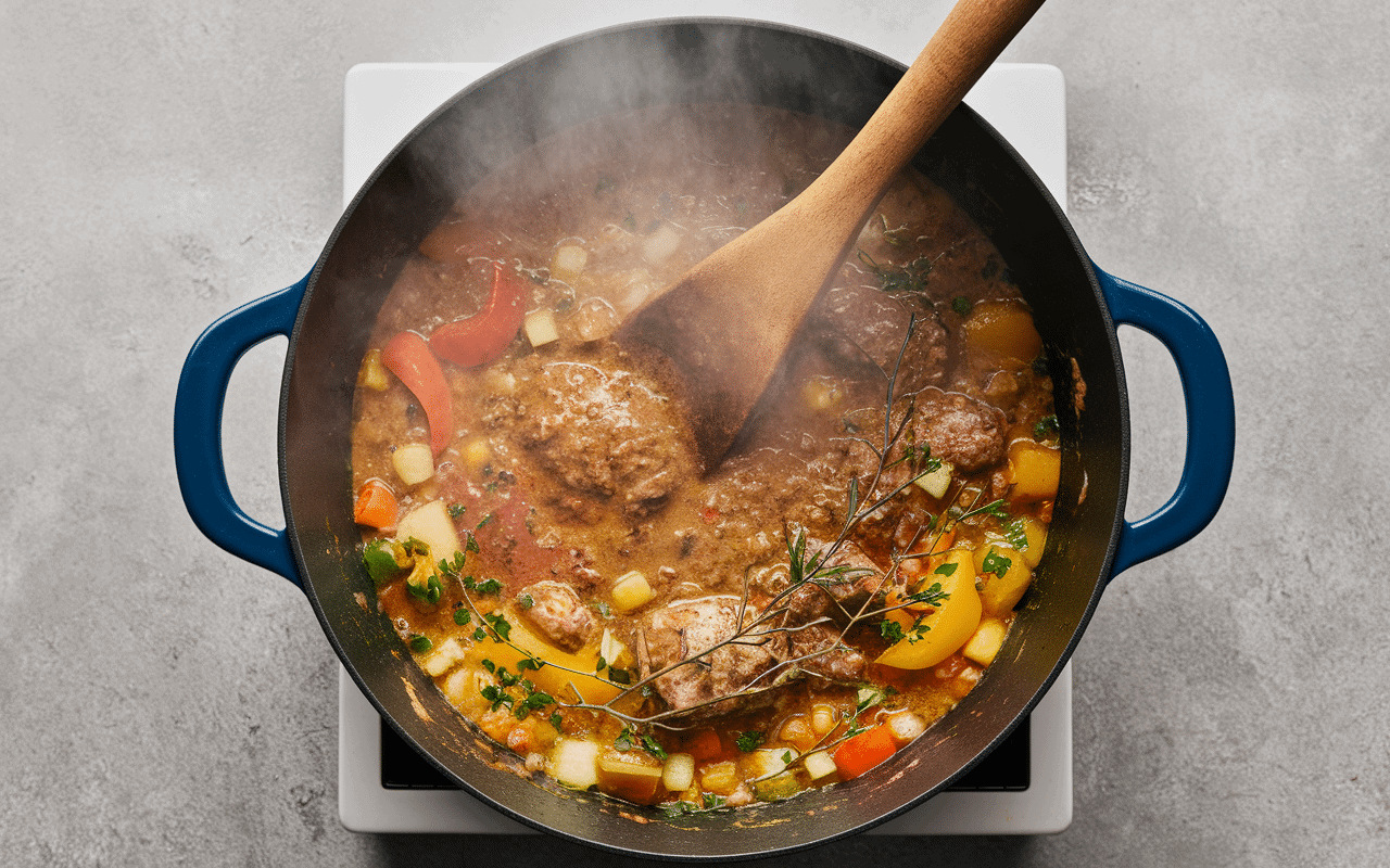 Préparation recette curry japonais roux légumes viande en cuisson