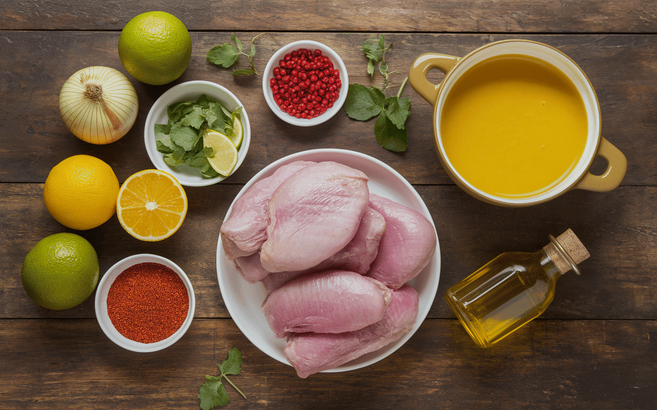 Ingrédients recette poulet yassa sur table