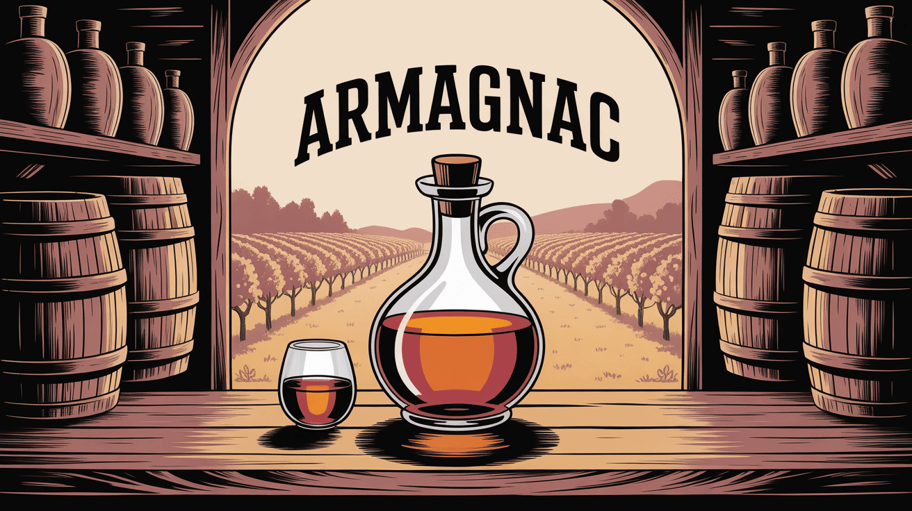 Armagnac bouteille et verre sur table rustique avec fûts et vignobles