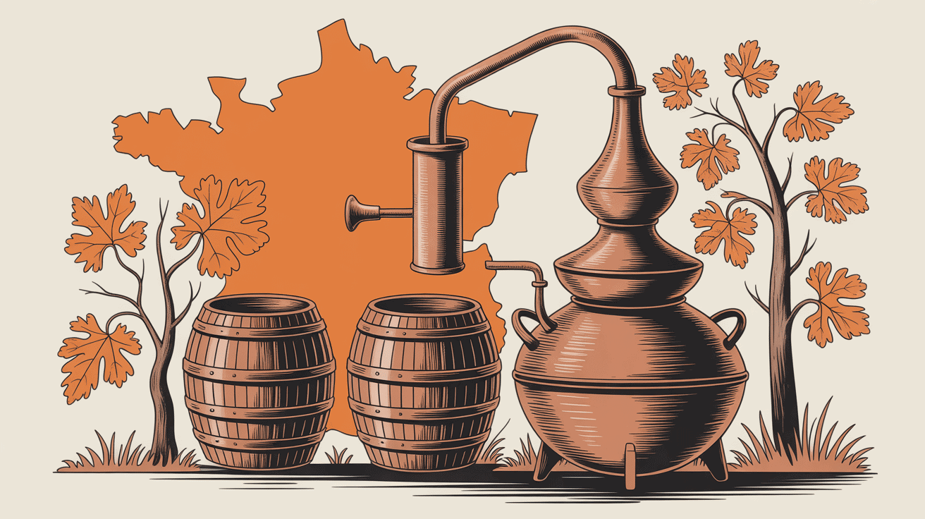 Alambic armagnac cuivre vignes et carte sud-ouest