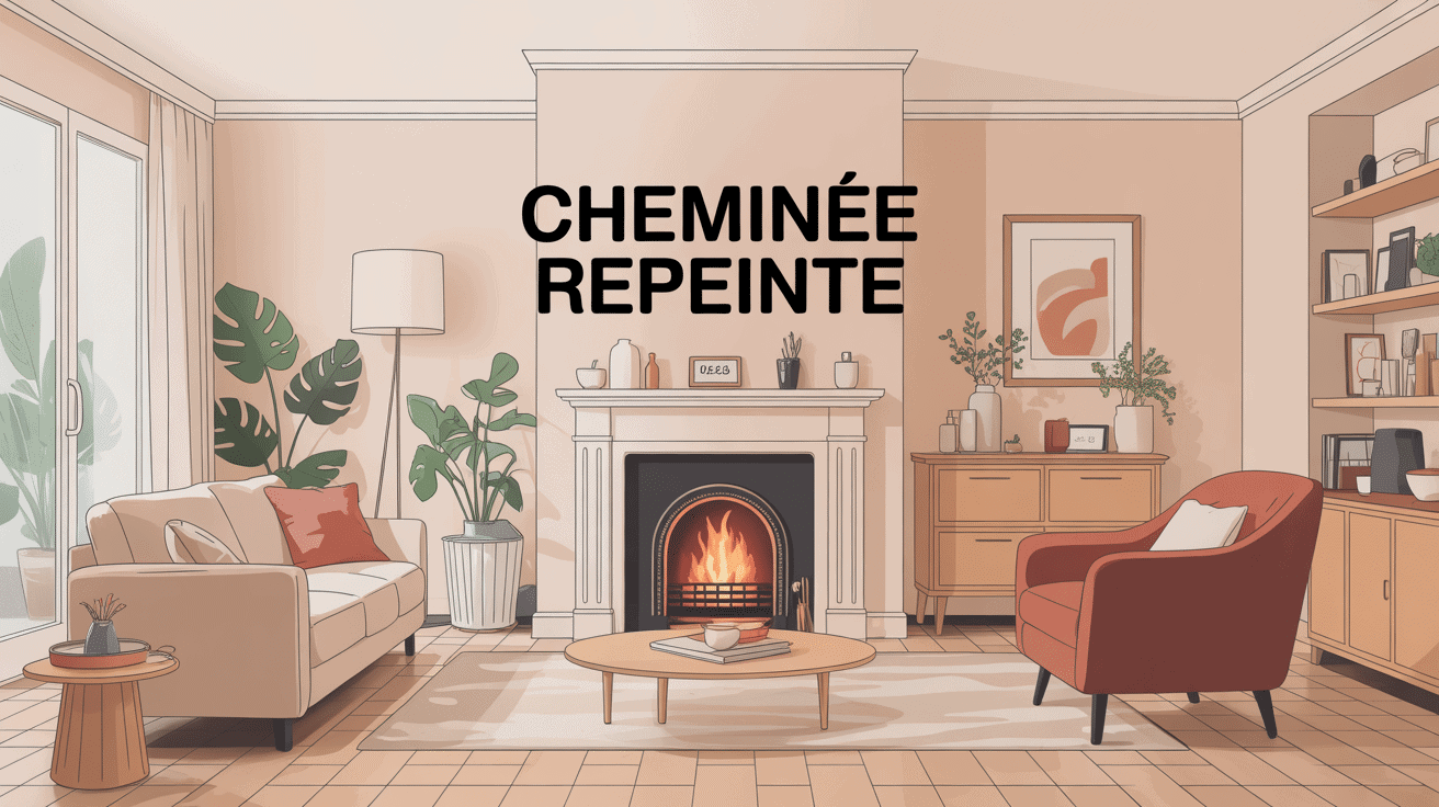 cheminée repeinte au centre d’un salon moderne