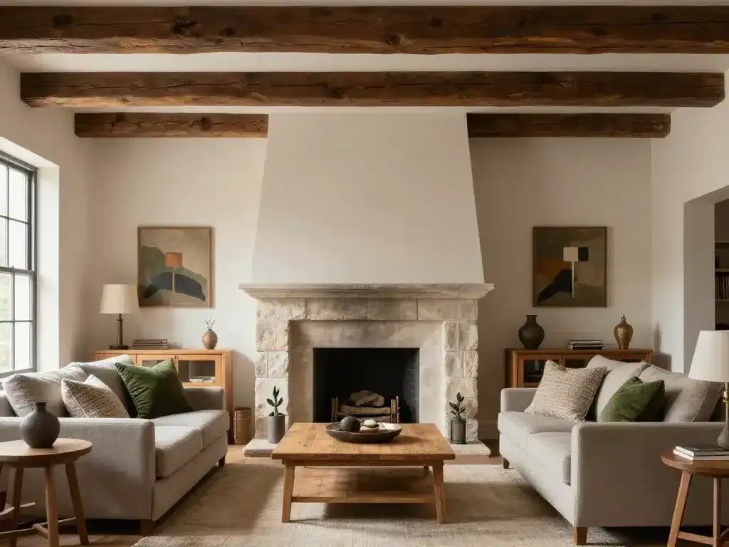 salon intérieur style architectural tudor avec cheminée et poutres apparentes