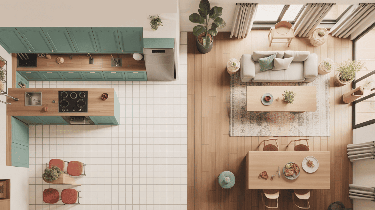 Cuisine carrelage ouverte sur salon parquet élégante