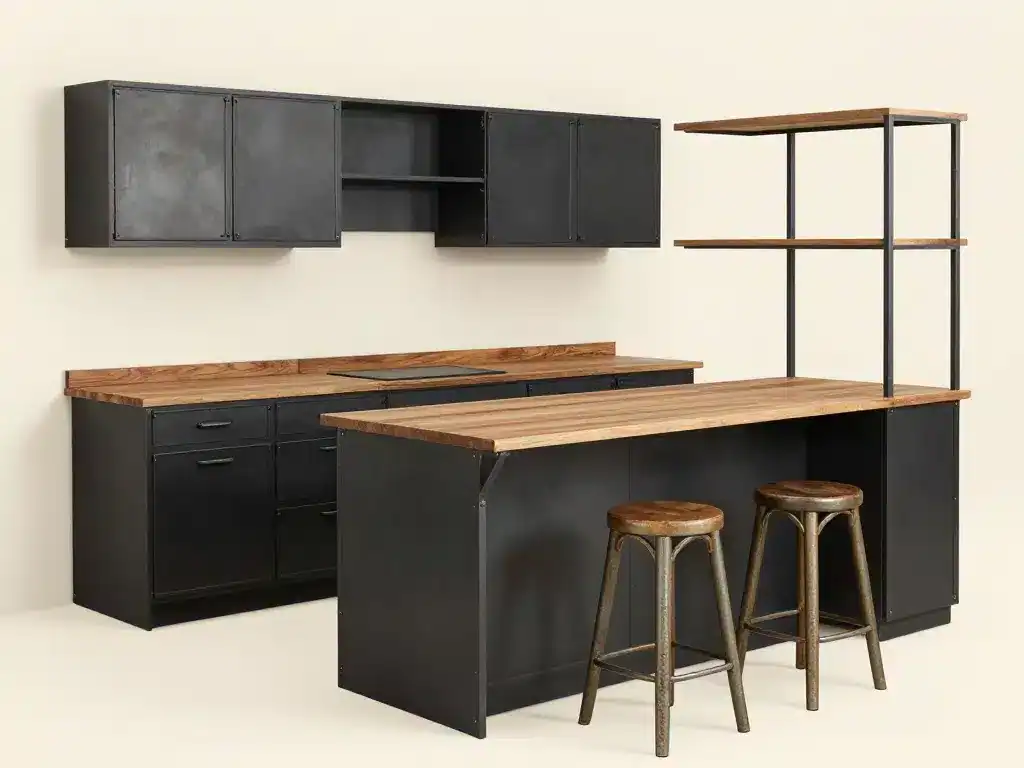 Cuisine style industriel vintage avec îlot central et meubles noirs
