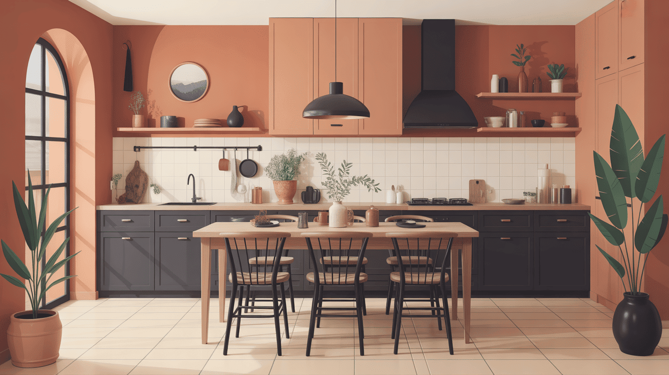 Cuisine terracotta et noir spacieuse avec mobilier design
