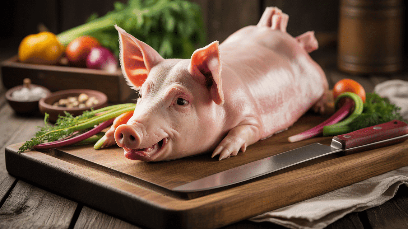 joue de porc crue sur planche ambiance cuisine