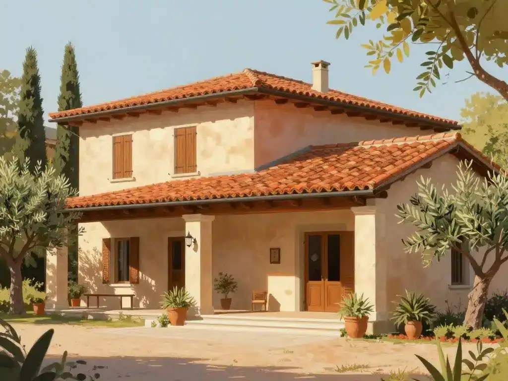 maison style italienne extérieur façade toiture tuiles jardin