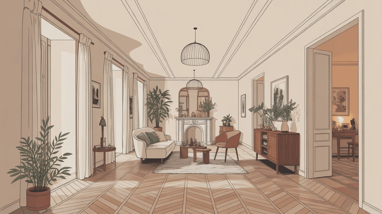 illustration pièces en enfilade appartement haussmannien lumineux