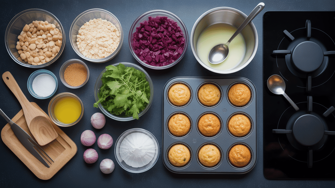 Préparation des ingrédients muffin sur plan de travail