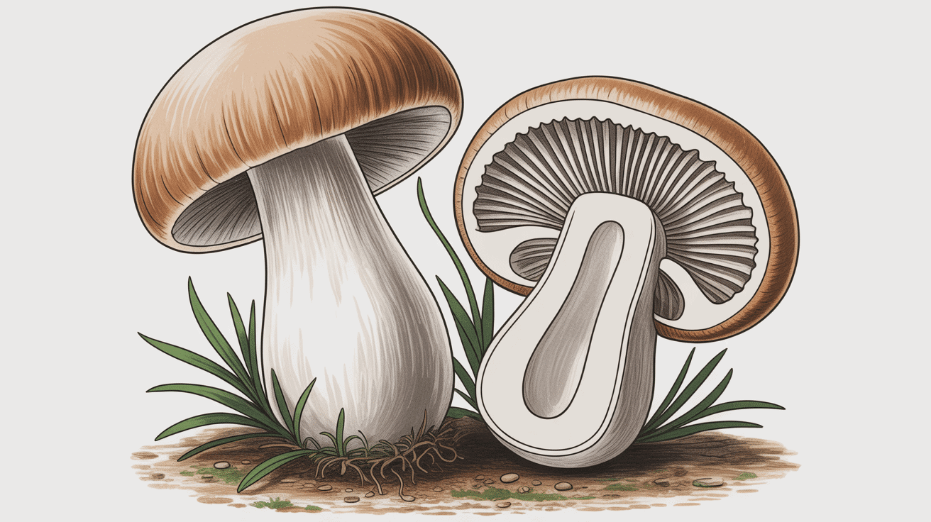 champignon pied de mouton coupe et détails botaniques