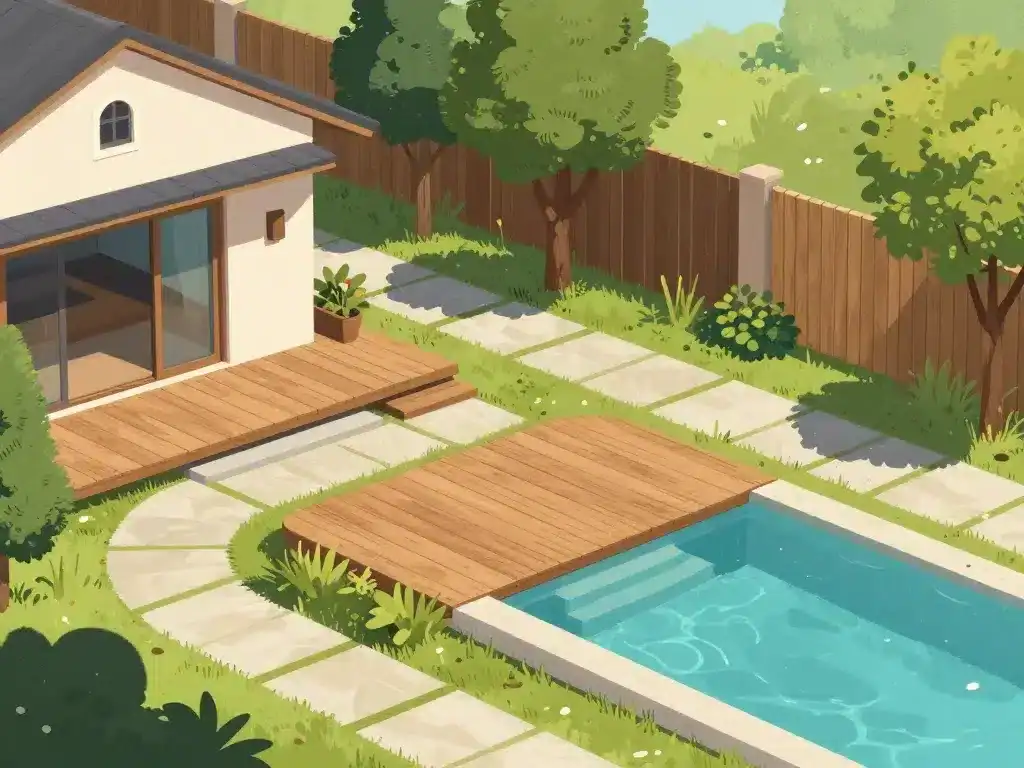 terrasse avec piscine en bois intégrée au jardin circulation maison