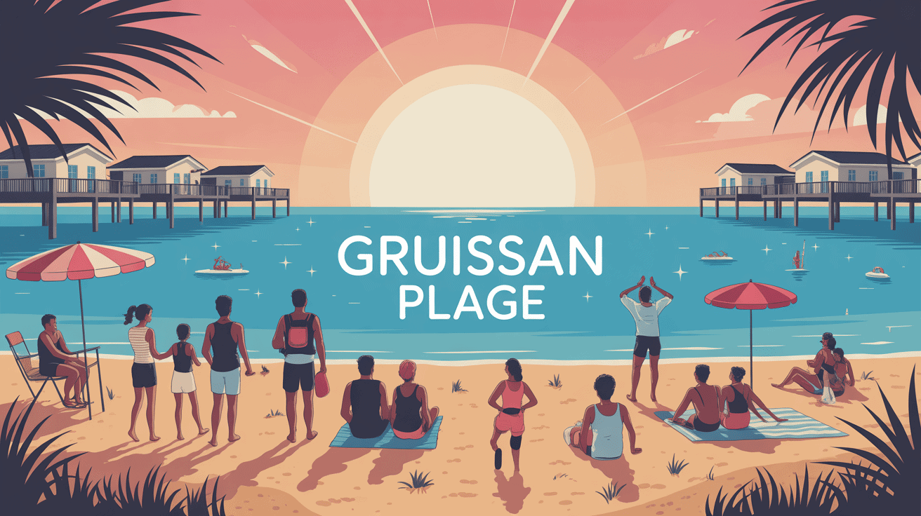 Illustration estivale gruissan plage avec chalets et mer