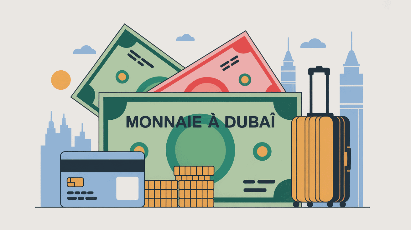 Illustration stylisée monnaie dubai billets dirham carte bancaire