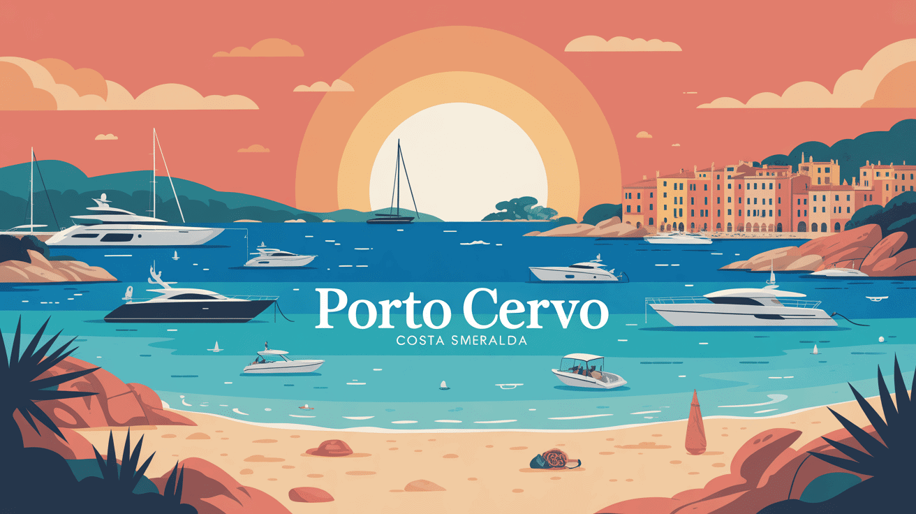 vue stylisée de Porto Cervo marina plages yachts