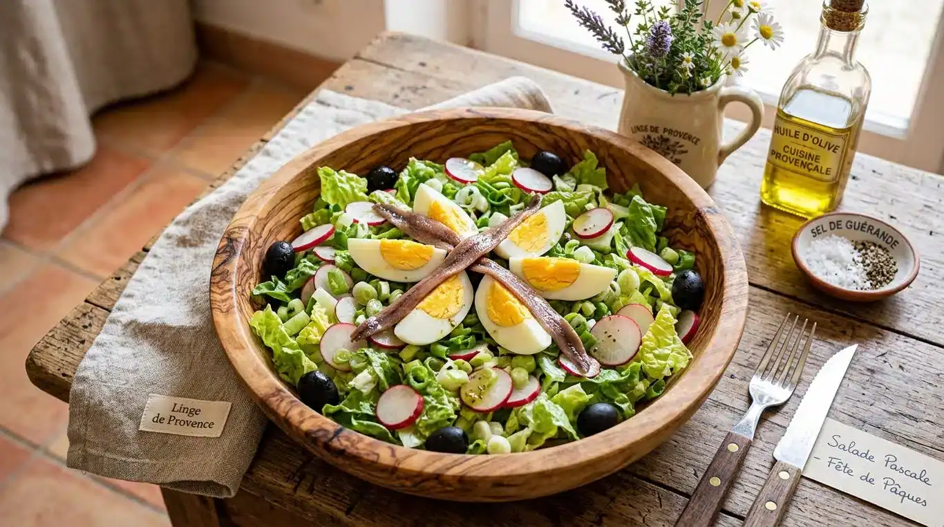 Salade pascale traditionnelle provençale dans un saladier en bois d'olivier
