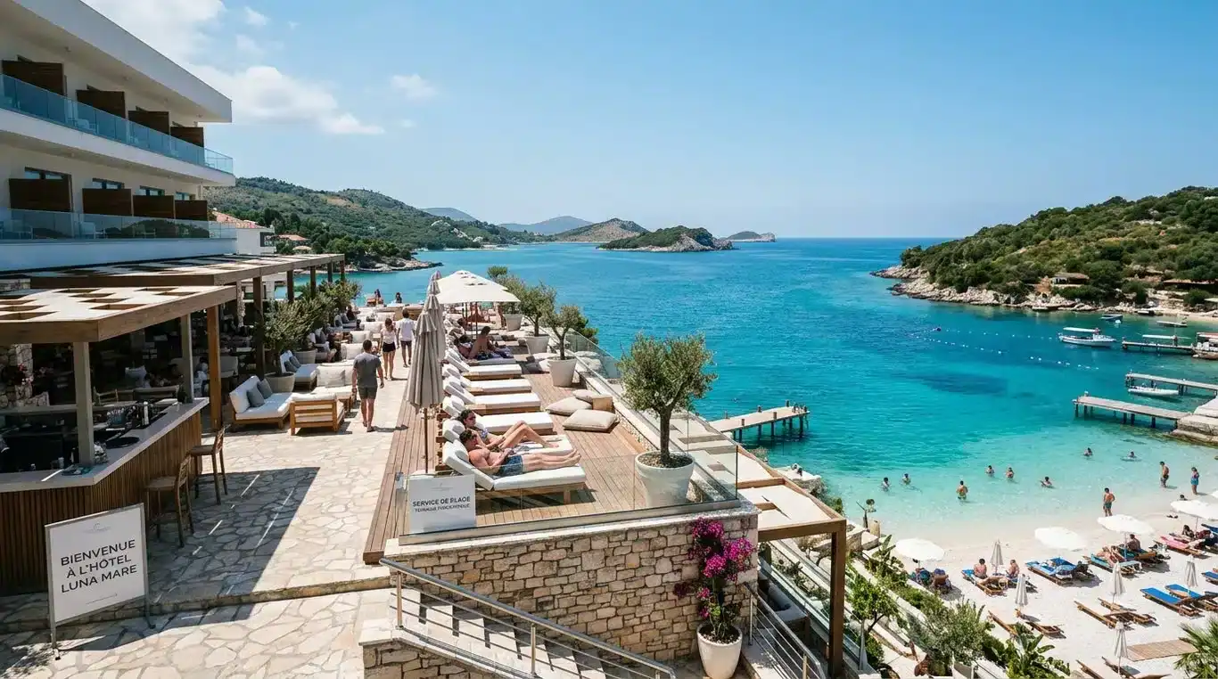 Vue panoramique d'un hôtel en bord de mer sur la Riviera albanaise