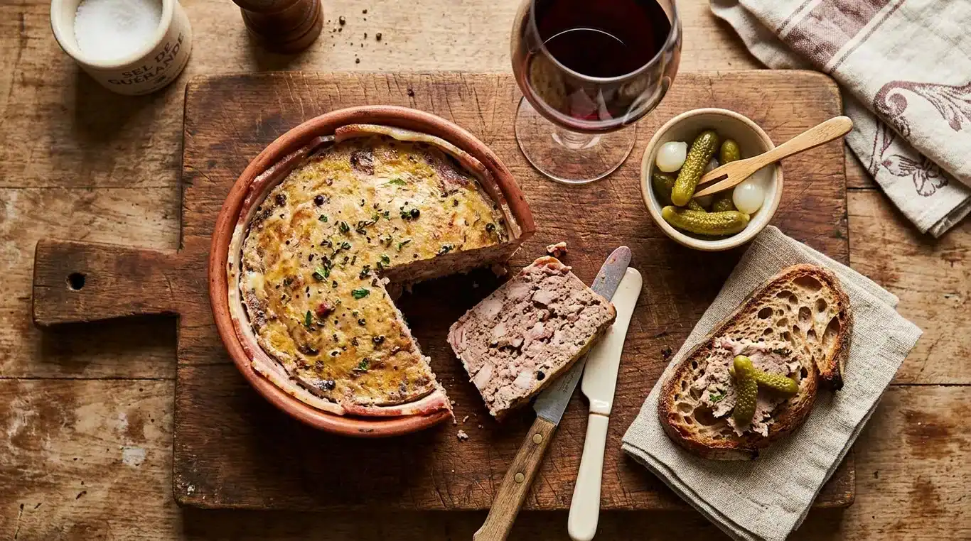Pâté de campagne artisanal servi sur une planche en bois avec cornichons et pain au levain