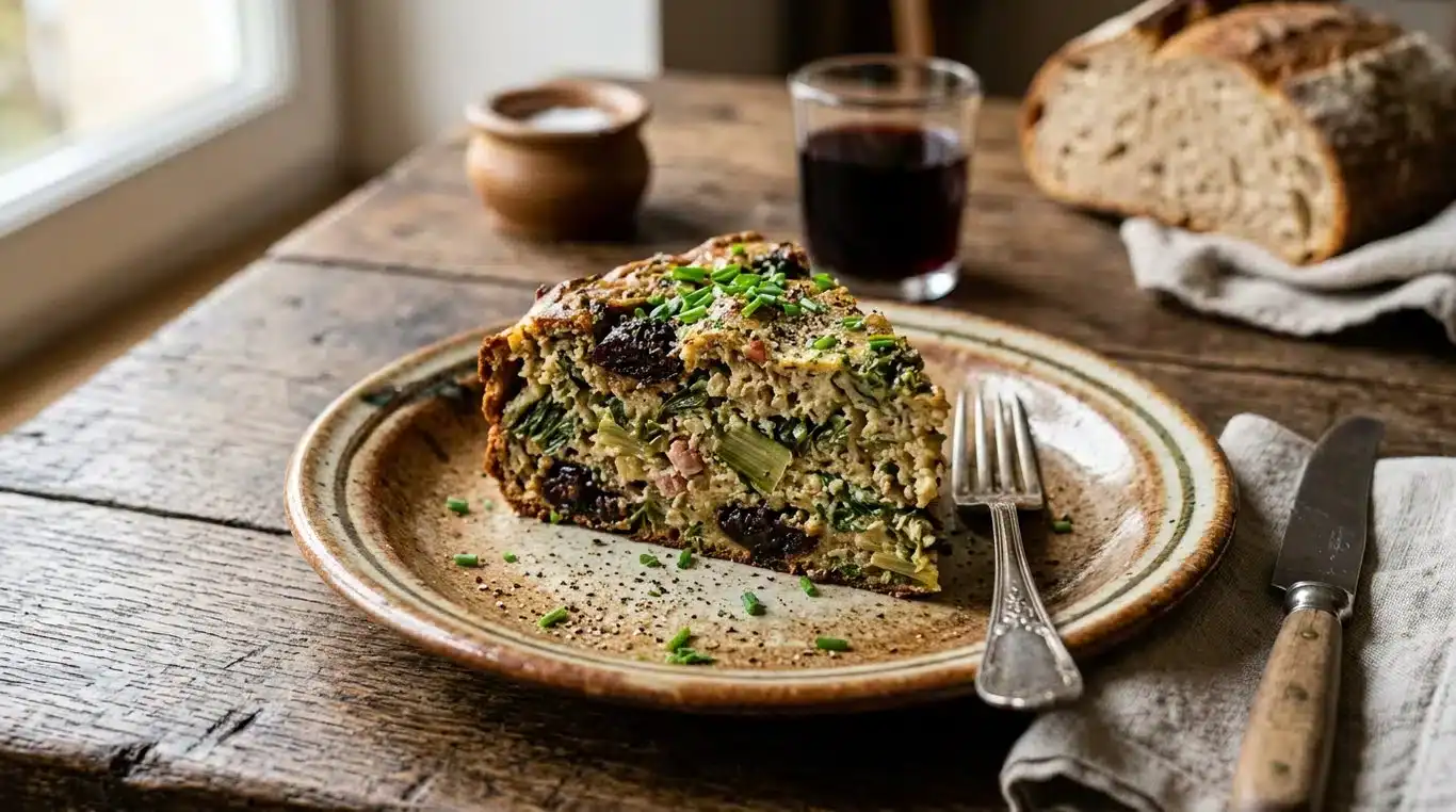 Une part de pounti cantalien traditionnel sur une assiette en céramique
