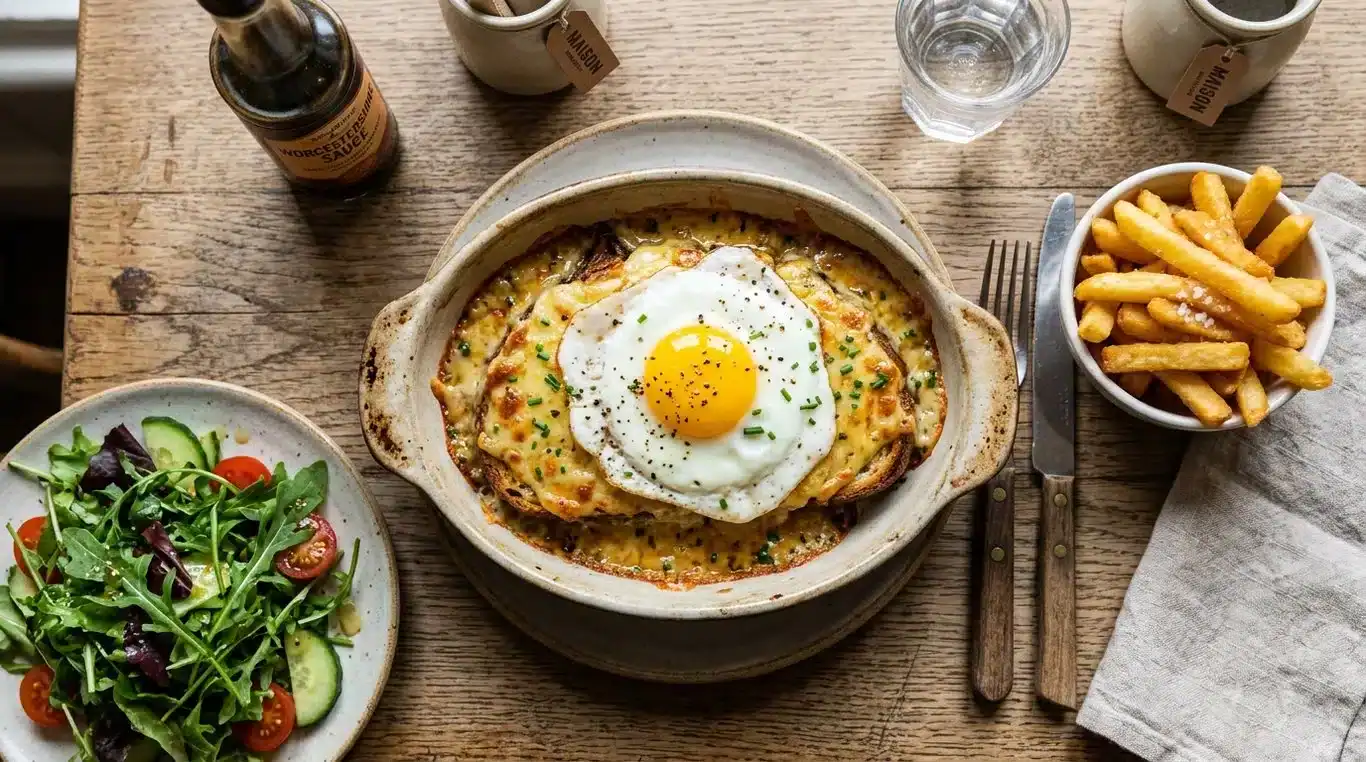 Un welsh traditionnel servi dans un plat en céramique avec un œuf au plat et des frites maison.