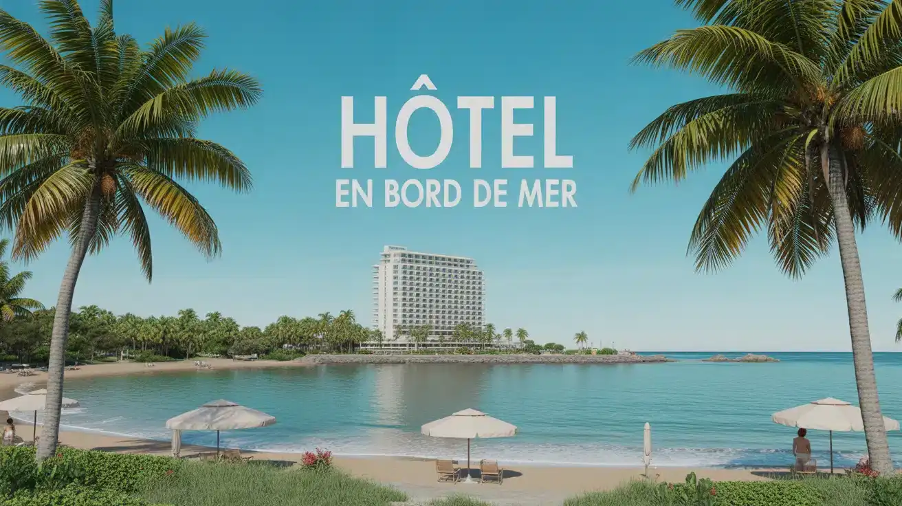 Illustration hôtel en bord de mer avec plage et palmiers