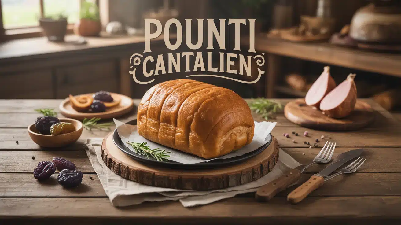 pounti cantalien traditionnel avec pruneaux et blettes sur table en bois