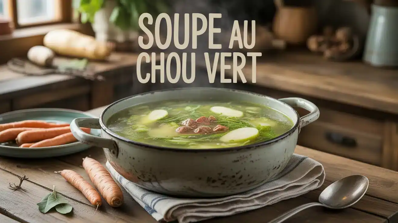 Bol de soupe au chou vert fumante avec légumes et lardons
