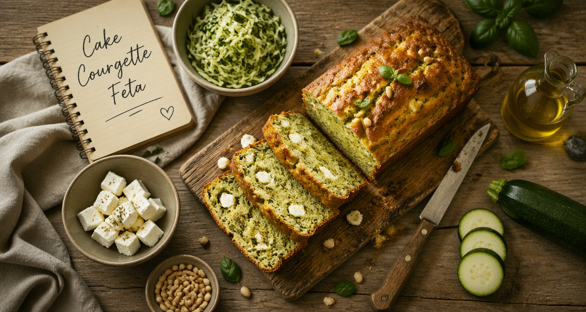 Cake courgette feta tranché sur planche, ingrédients frais