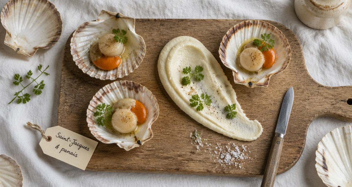 coquille saint jacques et panais sur planche