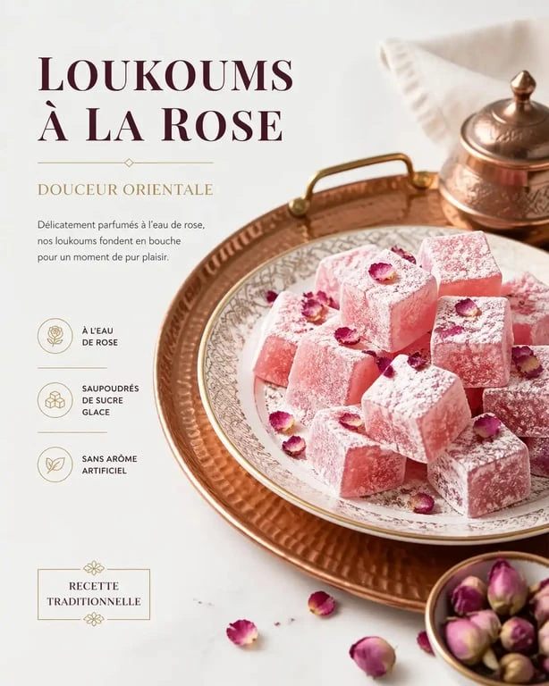Loukoums à la rose artisanaux sur un plateau traditionnel