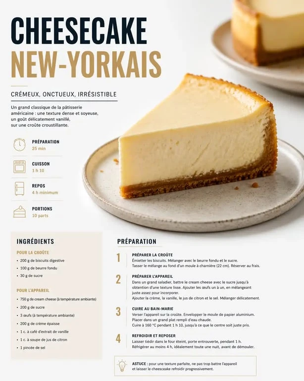 Recette cheesecake new-yorkais onctueux sur assiette