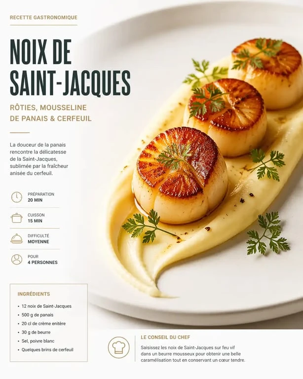 Recette de noix de Saint-Jacques rôties et mousseline de panais