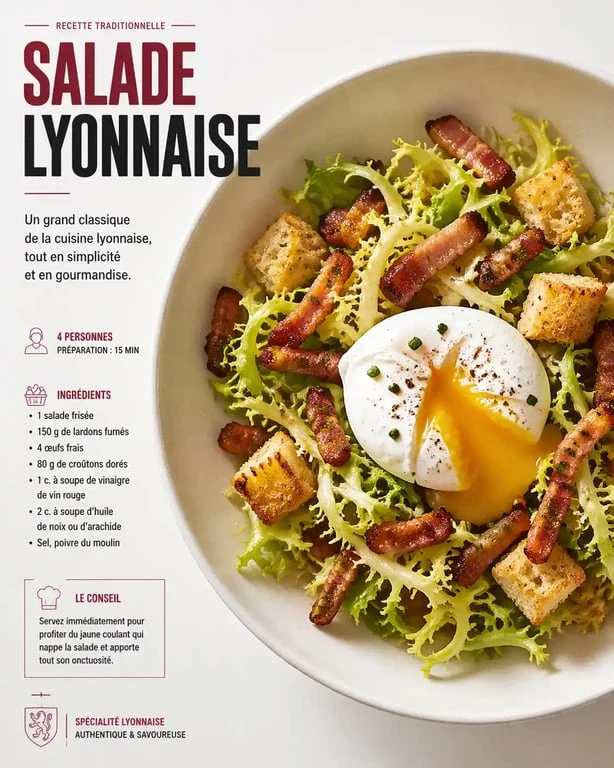 Salade lyonnaise traditionnelle avec œuf poché, lardons et croûtons