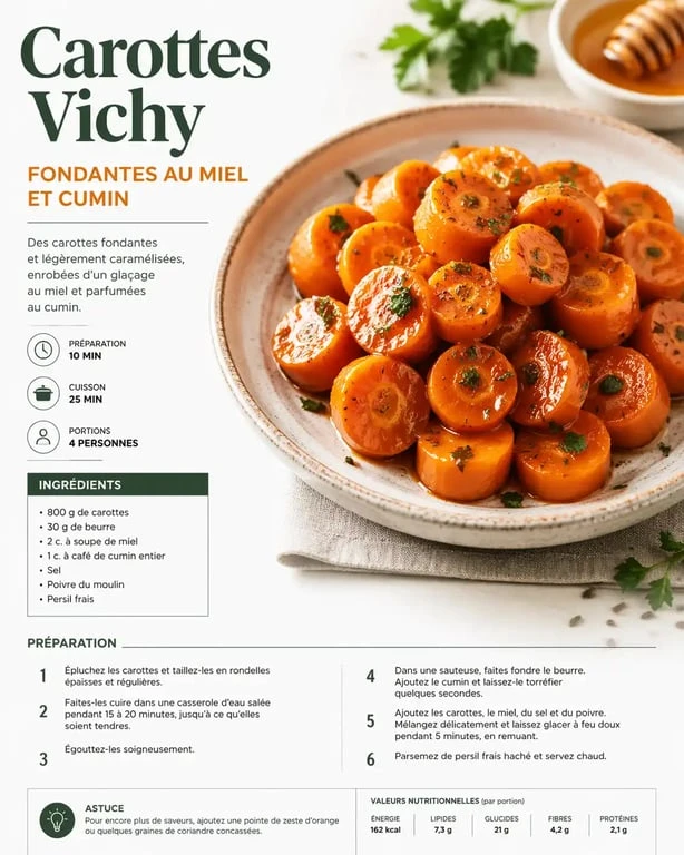 Recette carotte Vichy fondante au miel et cumin dans une assiette