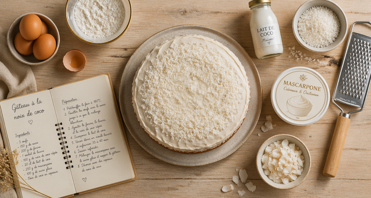 Gateau noix de coco rond glaçage copeaux