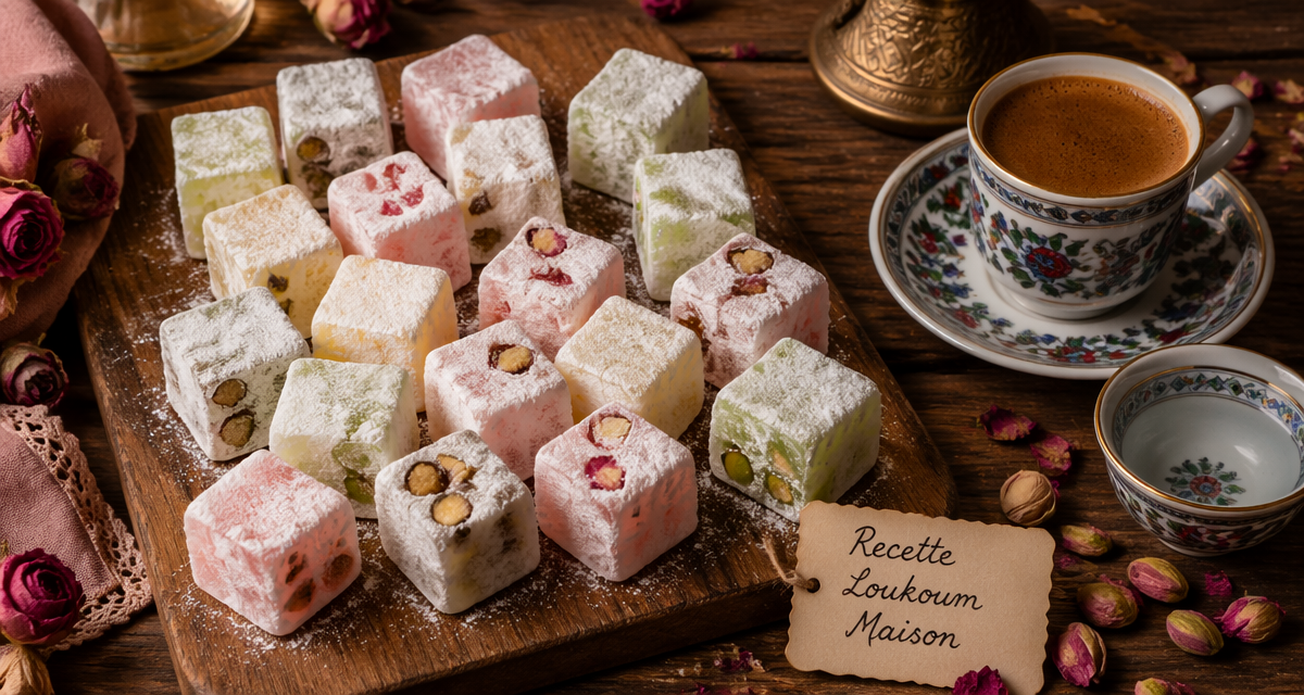 Loukoum maison varié sur table, café turc et sucre glace