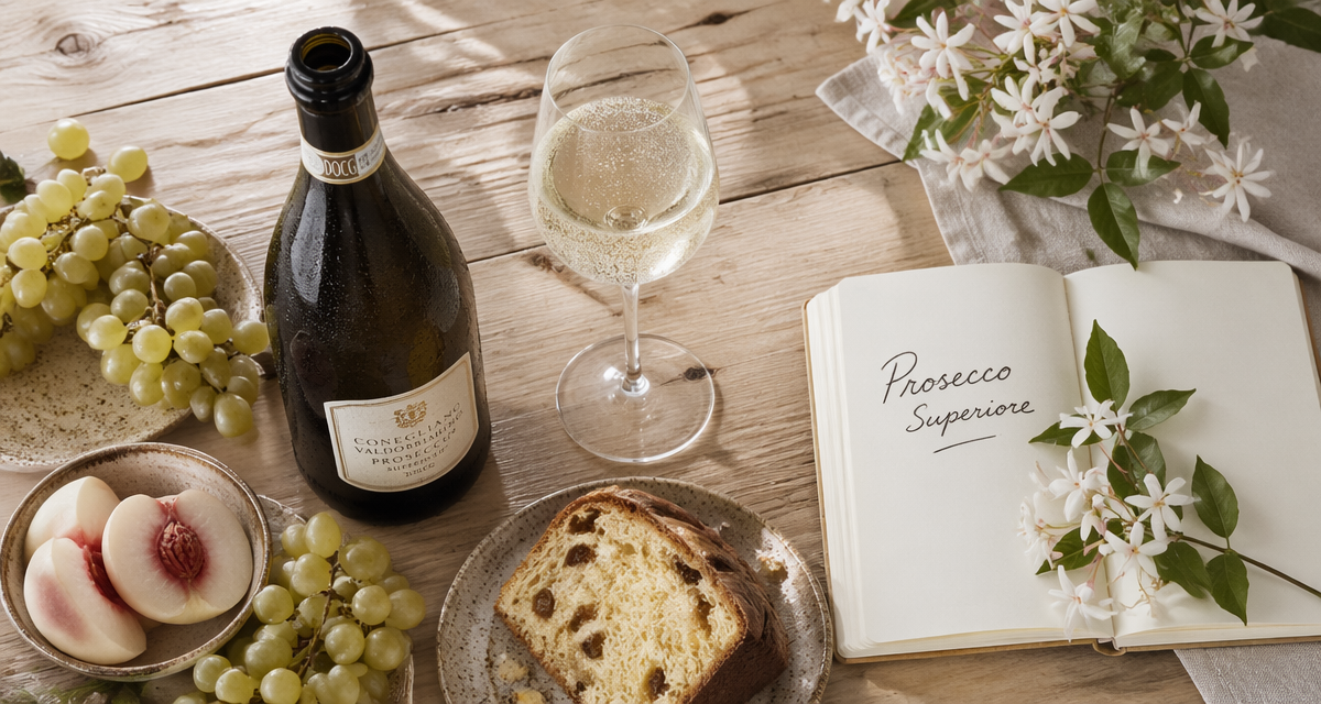prosecco DOCG bouteille verre raisins sur table