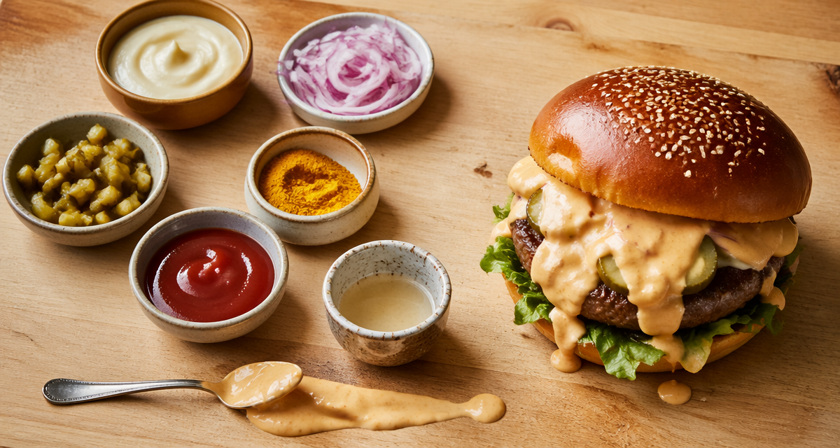 Sauce biggy maison sur burger avec ingrédients