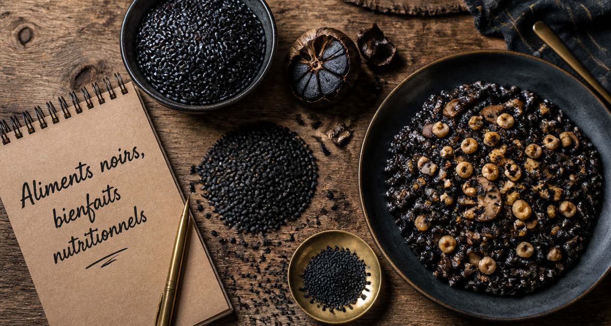 Vue flat-lay aliments noirs sur table rustique