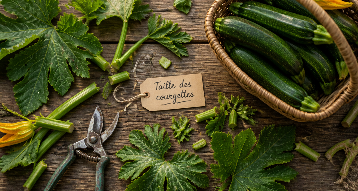 courgettes taille plan sur table avec sécateur