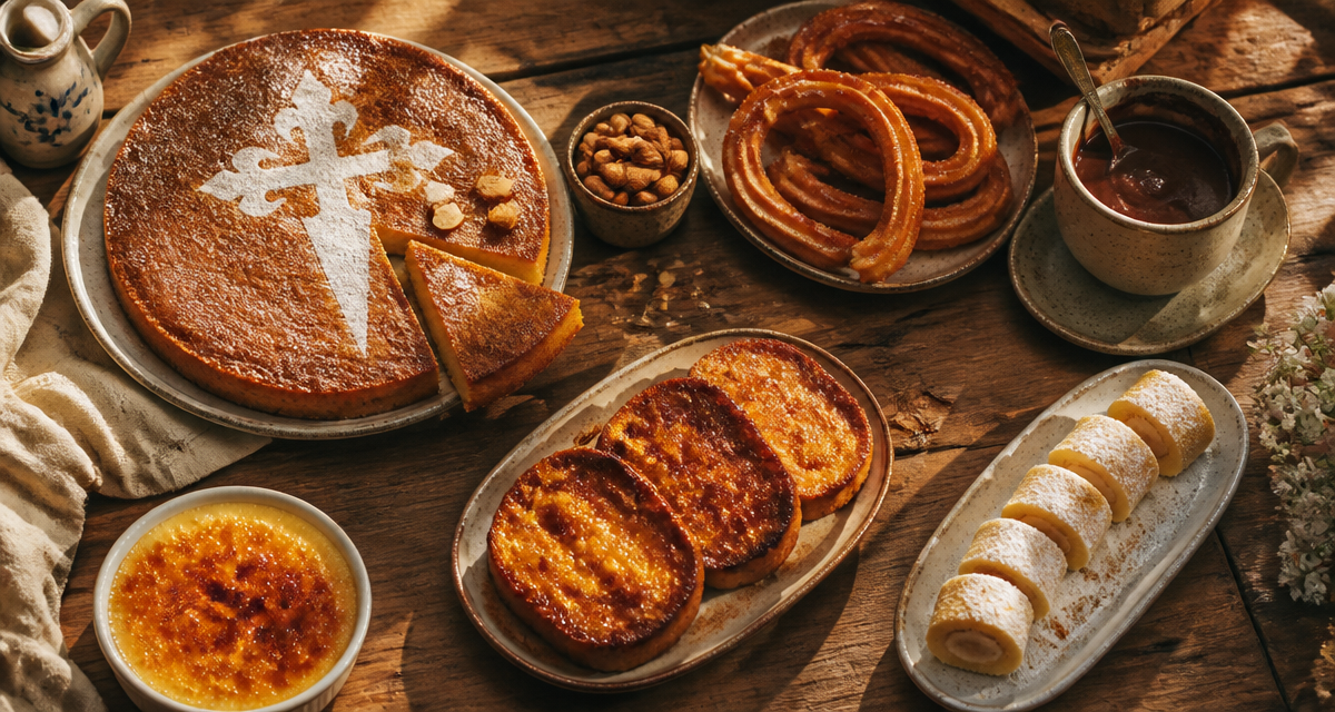 Desserts Espagne variés sur table en bois