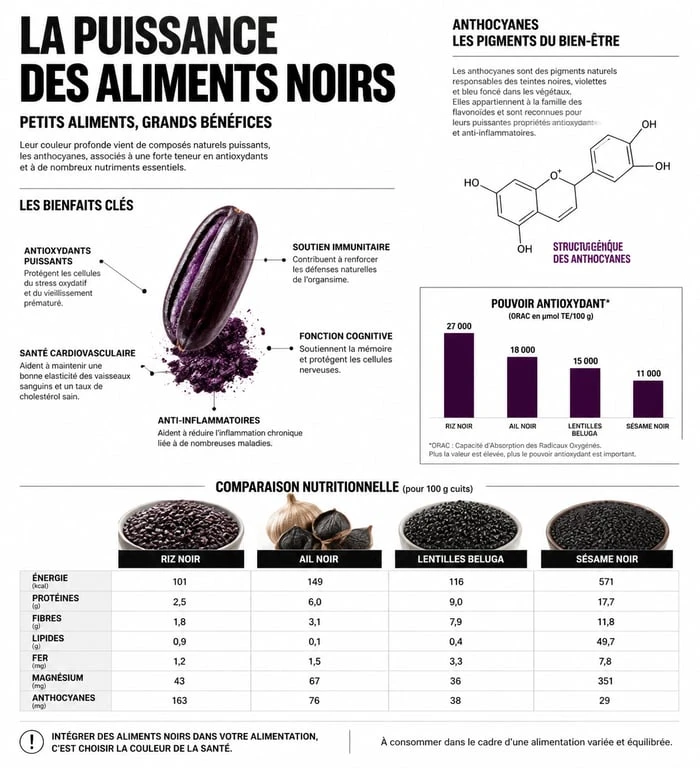 Infographie des bienfaits nutritionnels et antioxydants des aliments noirs