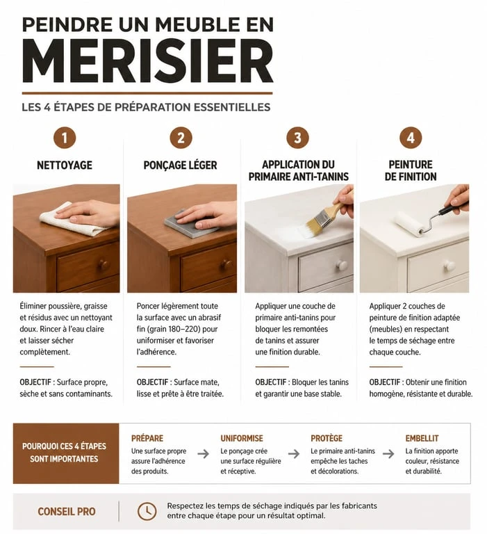 Étapes de préparation pour peindre un meuble en merisier